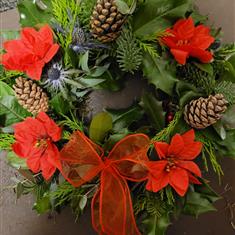 Conifer, Holly &amp; Poinsettia Memorial Wreath